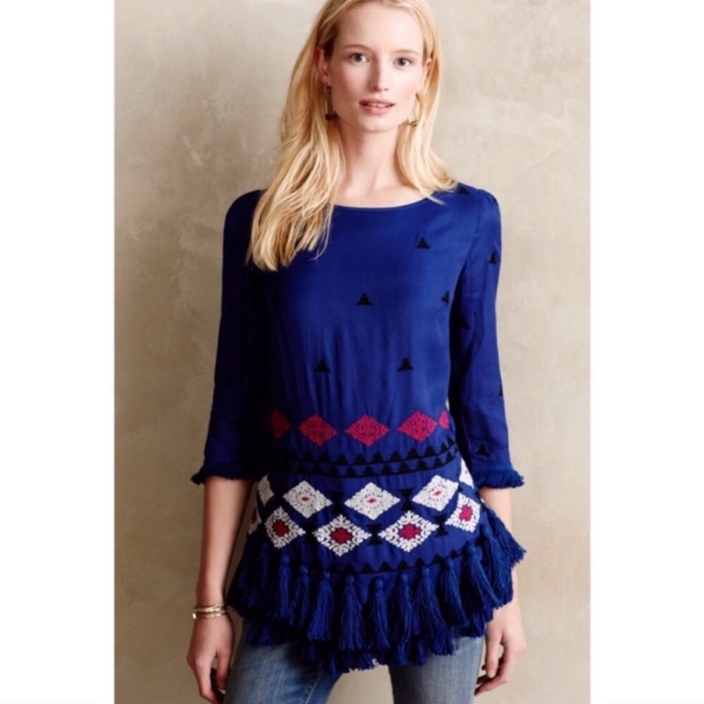 Anthropologie Floreat Bahia tunic embroidered tassels boho peasant gypsy